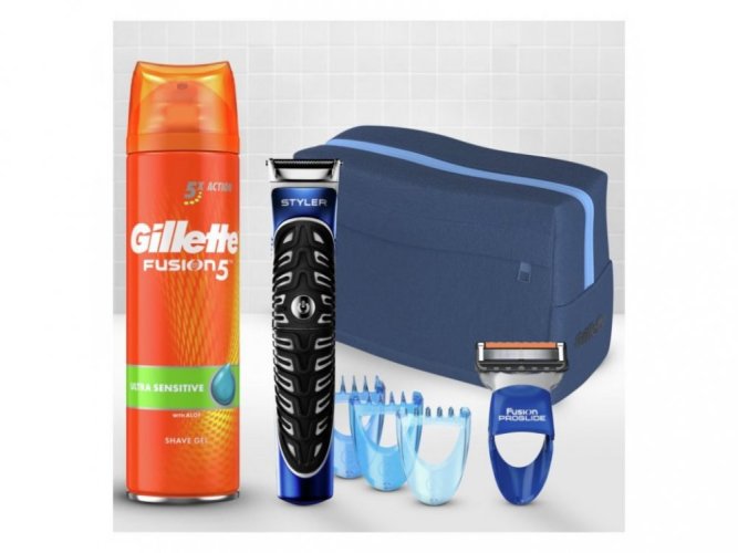 Gillette Style dárková sada (elektrický holící strojek se zastřihávačem + náhradní hlavice + gel 200 ml) + taška