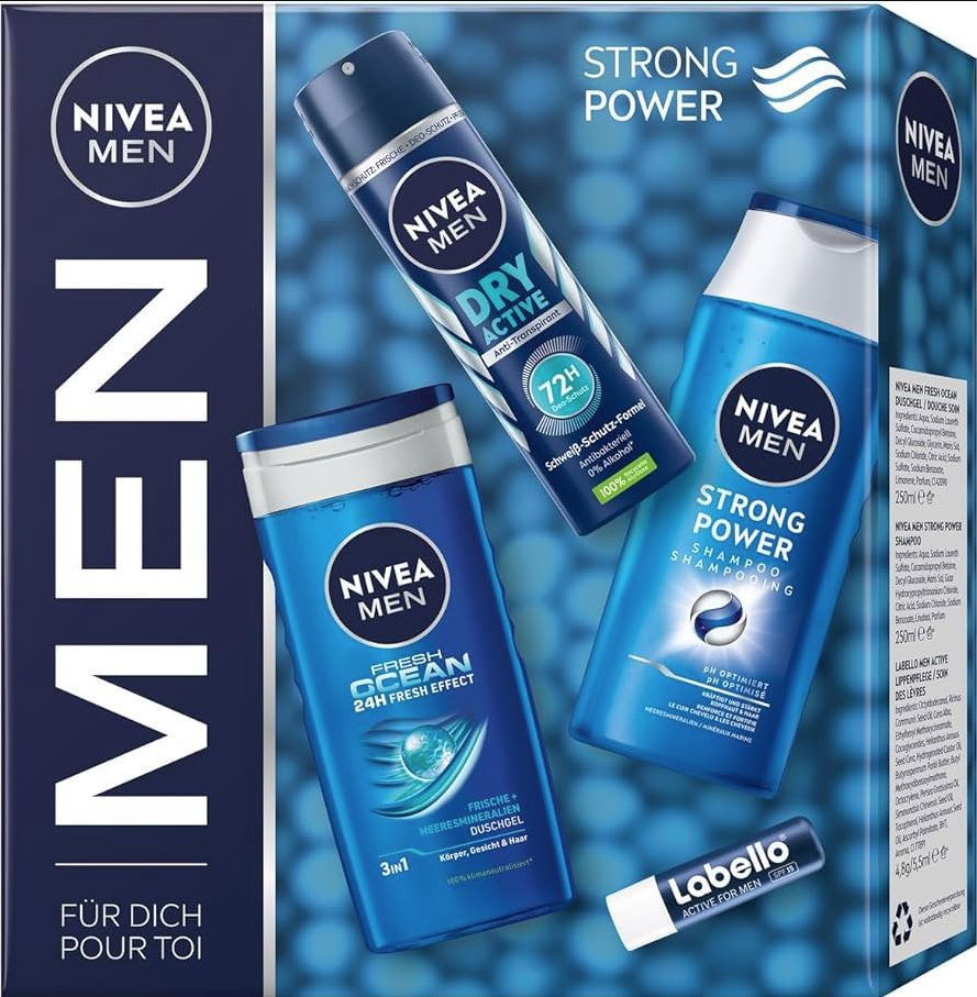 Nivea GIFT SET for men Strong Power Sprchový gel 250 ml + šampon 250 ml + Labello 4,8g + deodorant 150 ml