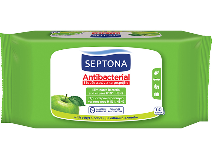 Septona Antibacterial vlhčené ubrousky na ruce s vůní zeleného jablka 60 kusů