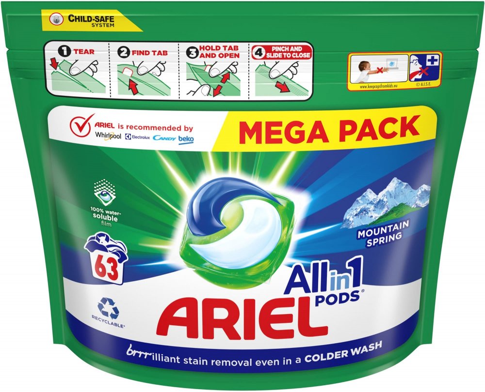 Ariel Mountain Spring gelové kapsle na praní 63 kusů